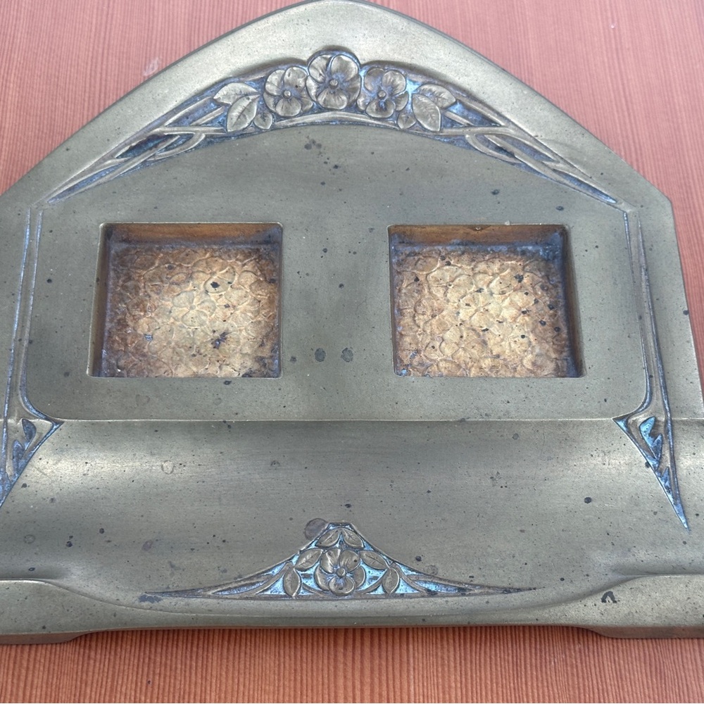 Antique Brass and Glass Inkwell Set - Picture 2 of 8